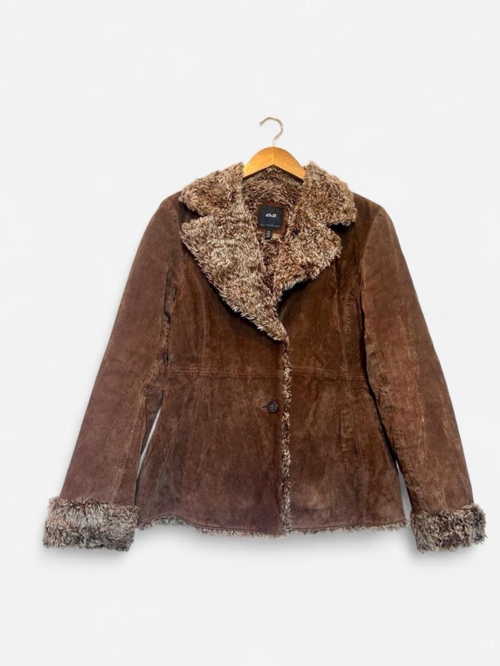 2000s Brown Faux Shearling Trim Suede Leather Jacket